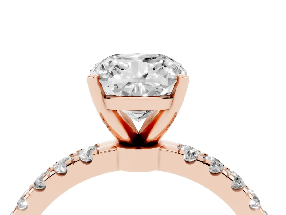 Cushion Cut Diamond Solitaire Ring with Pavé Accents and Four-Prong Setting Rose gold