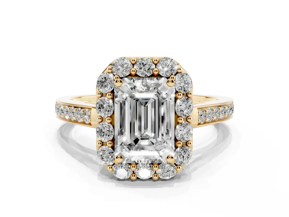 Emerald Cut Diamond Floral Halo Ring with Pavé Band and Prong Setting Yellow gold