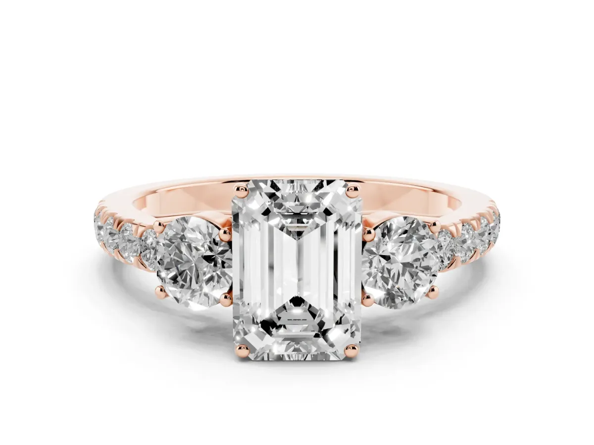 Emerald Cut Cut Diamond Three-Stone Ring with Round Side Stones and Pavé Band Rose gold