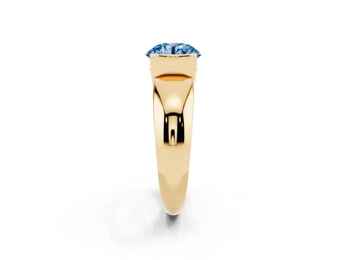 Fancy Blue Round Cut Solitaire Tension Set Diamond Ring with Wide Band Yellow gold