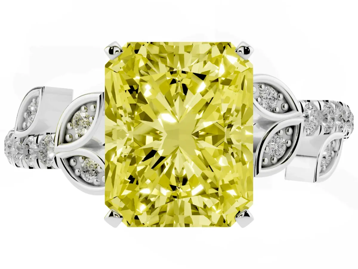 Fancy Yellow Radiant Cut Solitaire Leaf-Inspired Diamond Ring with Pavé Band and Four-Prong Setting Silver