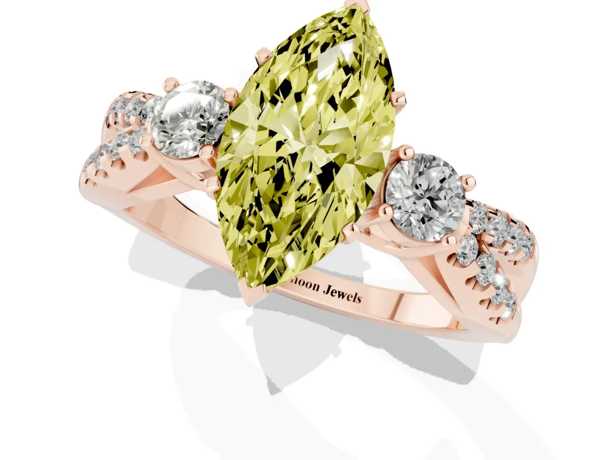 Fancy Yellow Marquise Cut Diamond Three-Stone Ring with Pavé Split Shank and Four-Prong Setting Rose gold