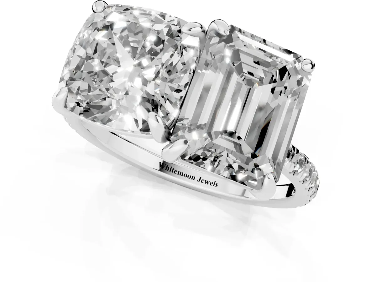 Cushion and Emerald Toi Moi Ring with Prong Setting and Pave Band Silver