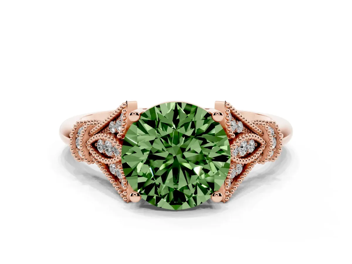 Fancy Green Round Cut Diamond Solitaire Ring with Floral Filigree and Pave Accents Rose gold