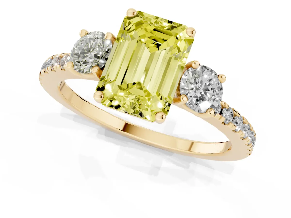 Fancy Yellow Three-Stone Emerald Cut Cut Diamond Pavé Band with Prong Setting Yellow gold