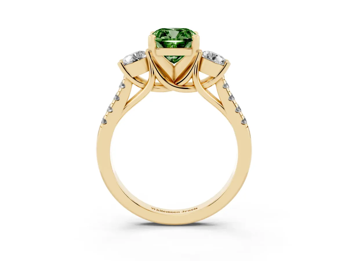 Fancy Green Three-Stone Cushion Cut Diamond Pavé Band with Four-Prong Setting Yellow gold