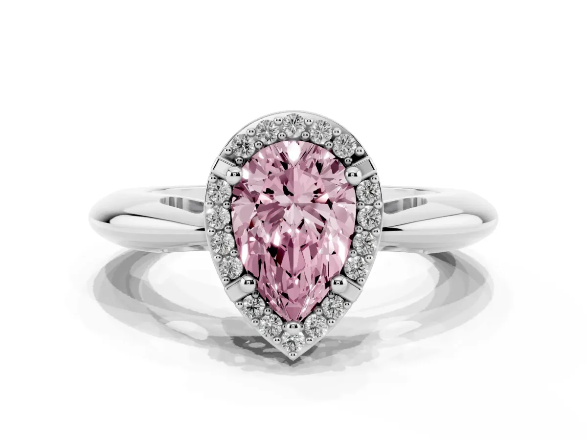 Fancy Pink Pear Cut Cut Diamond Halo Engagement Ring with Split Shank and Four-Prong Setting Silver