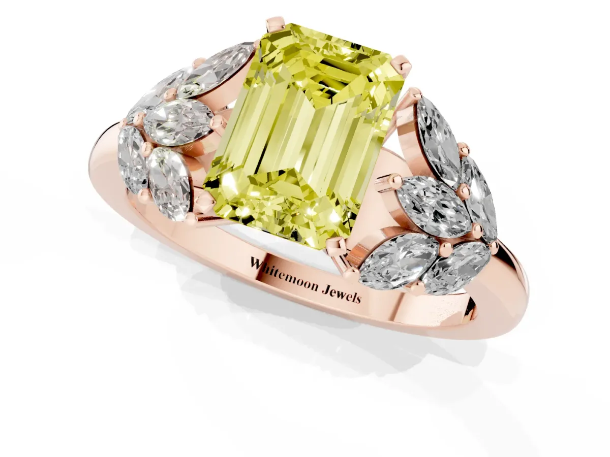 Fancy Yellow Emerald Cut Diamond Cluster Leaf Design Ring with Prong Setting Rose gold