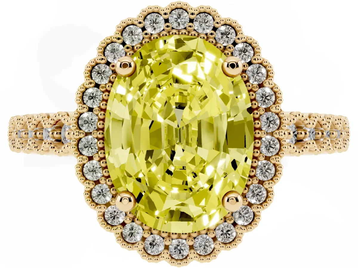 Fancy Yellow Oval Cut Cut Halo Pavé Solitaire Ring with Milgrain Band Yellow gold