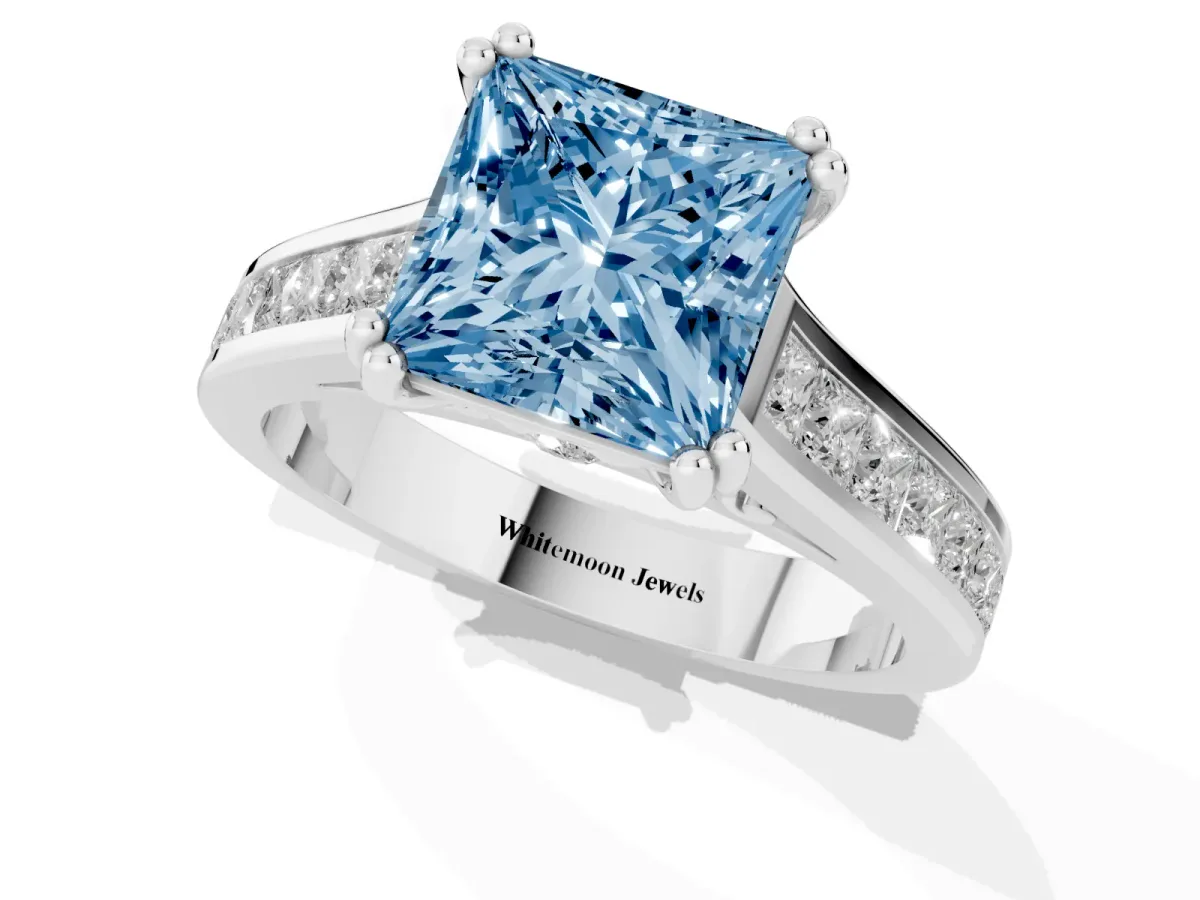 Fancy Blue Princess Cut Cut Channel Set Solitaire Engagement Ring with Prong Setting Platinum