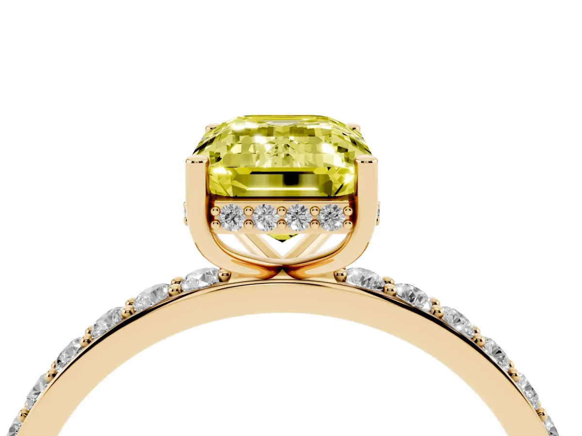 Fancy Yellow Emerald Cut Diamond Solitaire Ring with Pavé Band and Hidden Halo Yellow gold