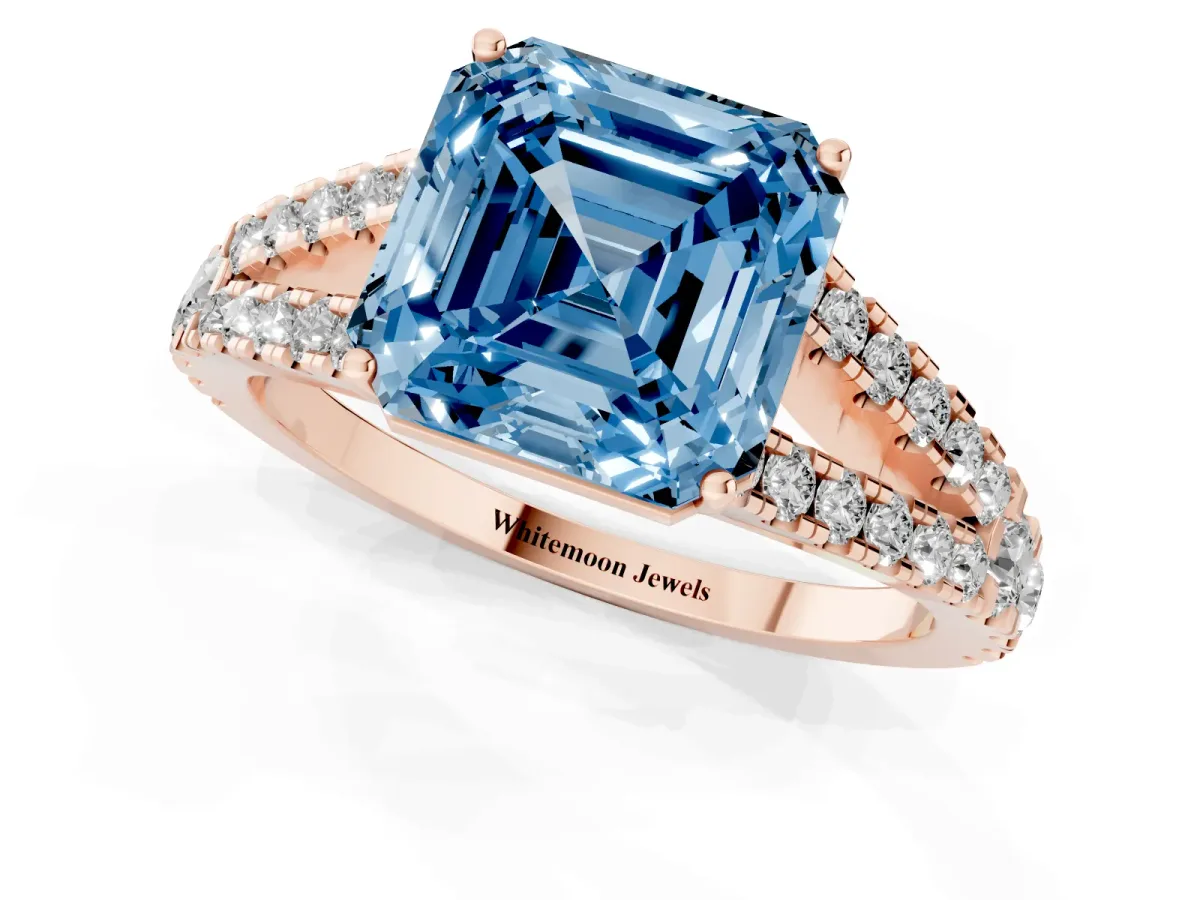 Fancy Blue Asscher Cut Diamond Split Shank Engagement Ring with Round Pavé and Prong Setting Rose gold