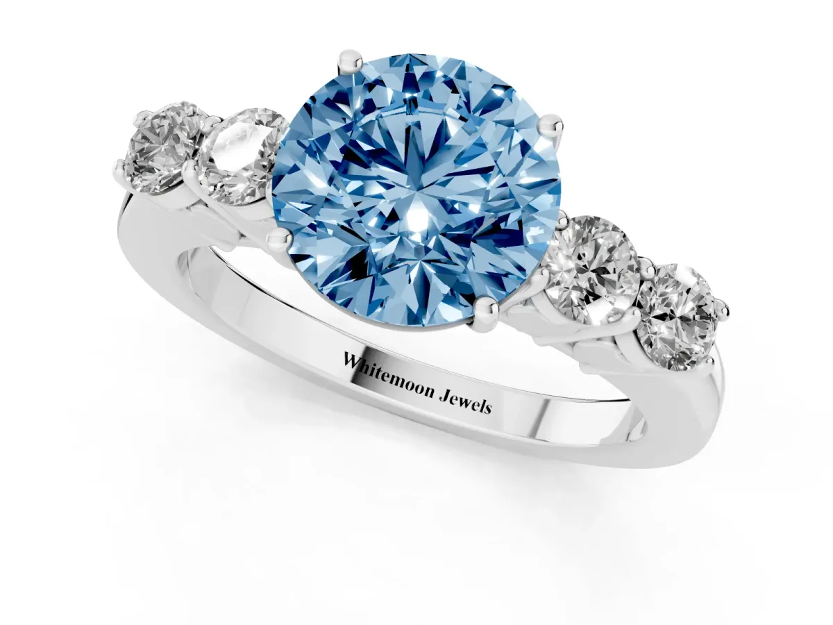 Fancy Blue Round Cut Cut Diamond Five-Stone Prong Set White Gold Ring Silver