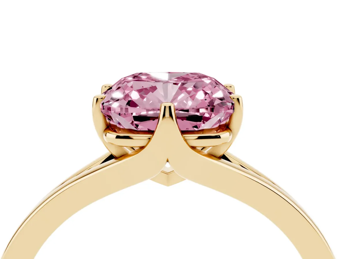 Fancy Pink Cushion Cut Solitaire Diamond Ring with Six-Prong Setting and Tapered Band Yellow gold