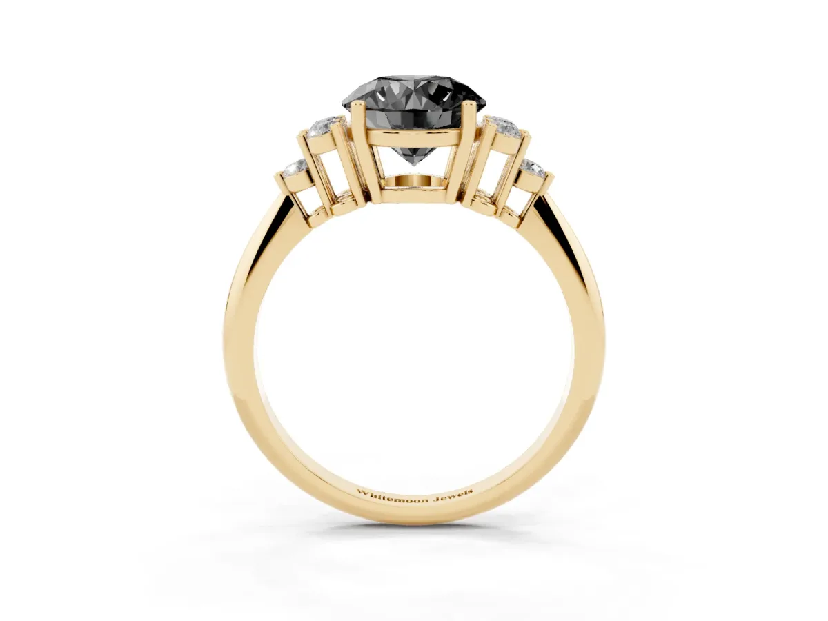 Fancy Black Round Cut Cut Diamond Cluster Ring with Solitaire Band and Four-Prong Setting Yellow gold