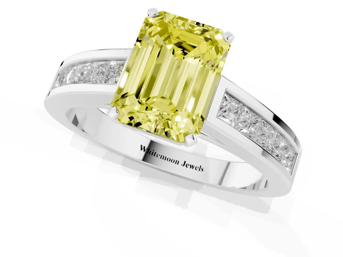 Fancy Yellow Emerald Cut Solitaire Diamond Ring with Channel-Set Band and Four-Prong Setting Silver