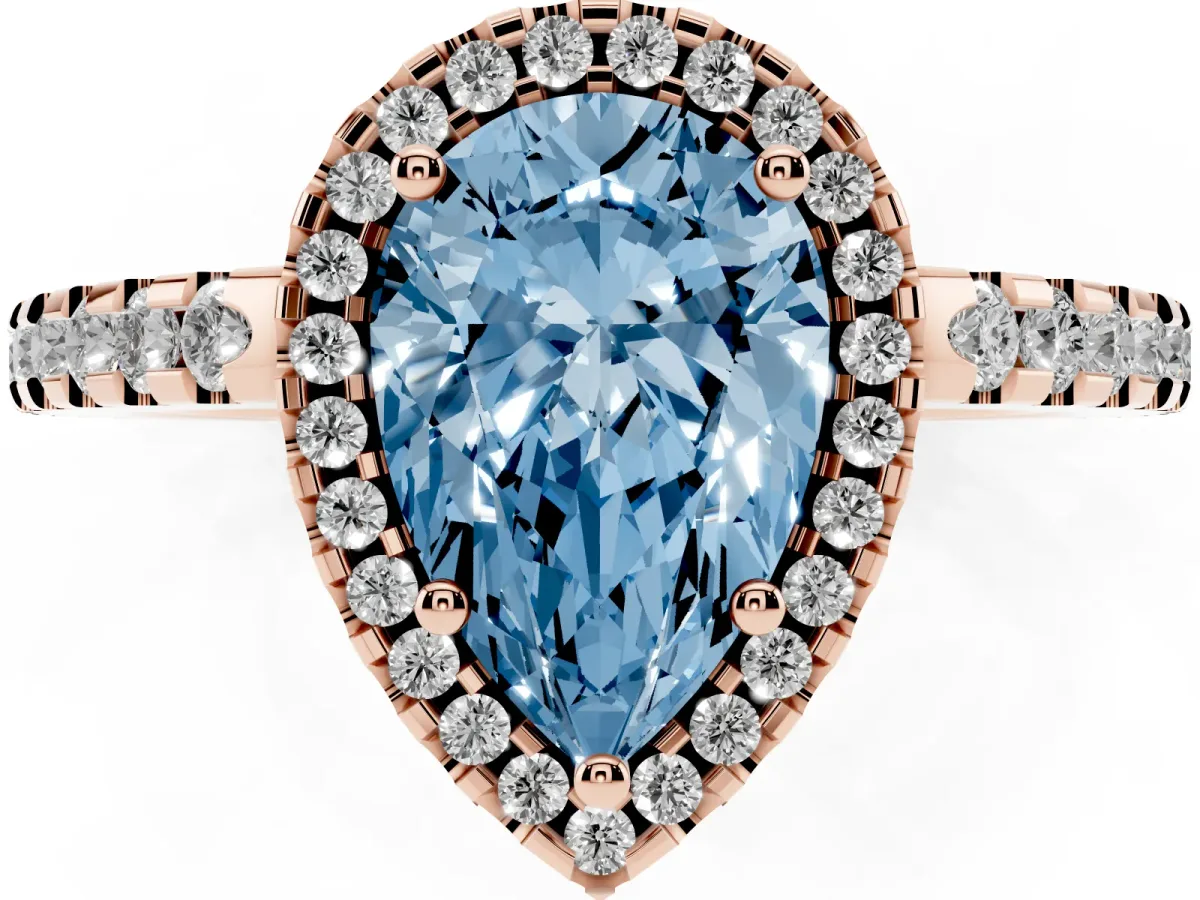 Fancy Blue Pear Cut Diamond Halo Engagement Ring with Pavé Band and Prong Setting Rose gold