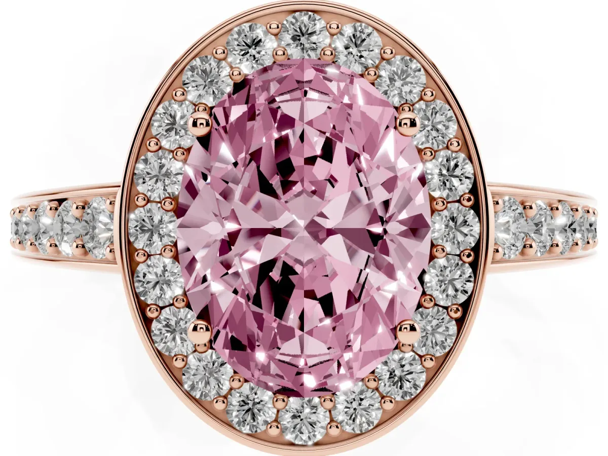 Fancy Pink Oval Cut Halo Pavé Diamond Engagement Ring with Bezel Setting Rose gold