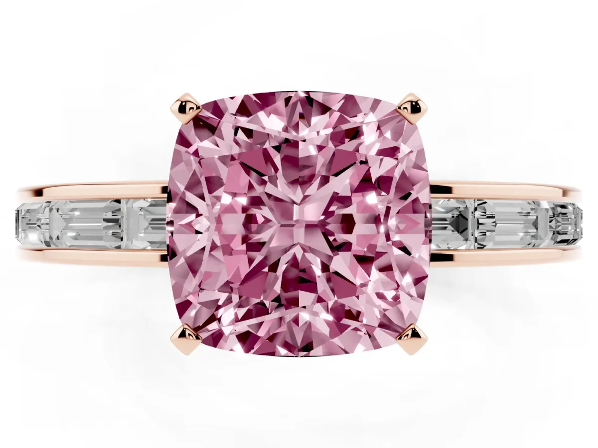 Fancy Pink Cushion Cut Solitaire Diamond Ring with Channel-Set Baguette Band and Four-Prong Setting Rose gold