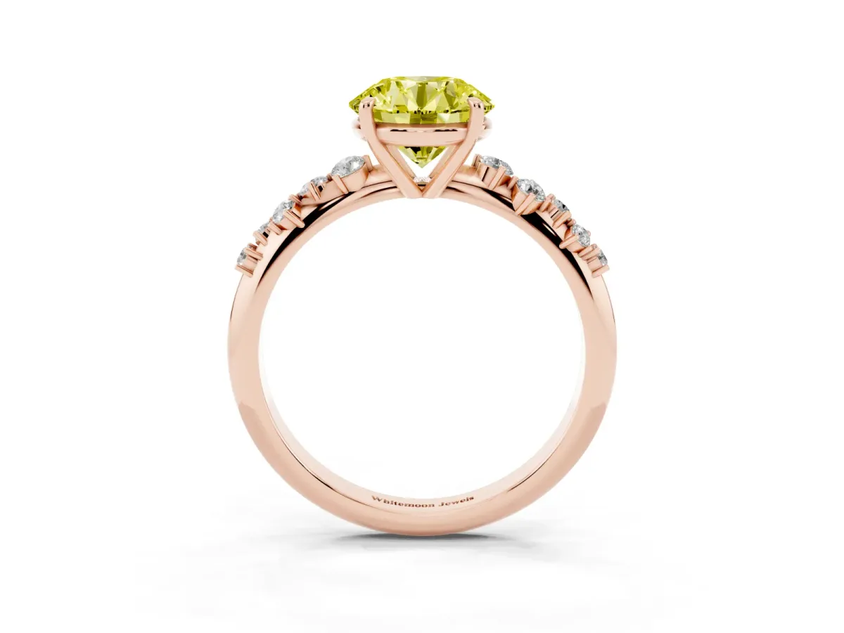 Fancy Yellow Round Cut Diamond Cluster Side Stone Solitaire Ring with Prong Setting Rose gold