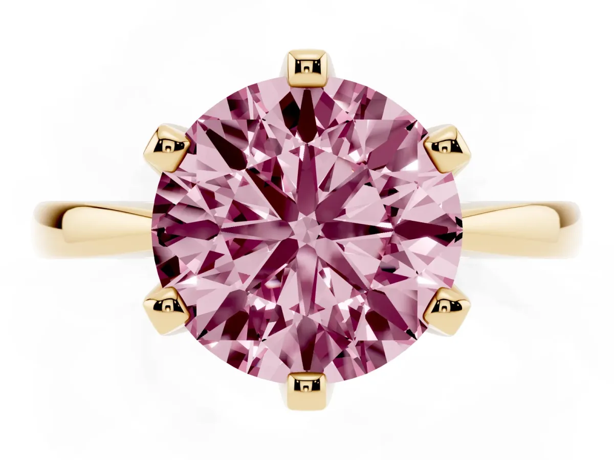 Fancy Pink Round Cut Solitaire Engagement Ring with Six-Prong Setting and Tapered Band Yellow gold