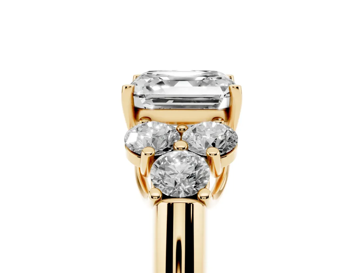 Asscher Cut Cut Diamond Cluster Ring with Round Accent Stones and Prong Setting on a Classic Band Yellow gold