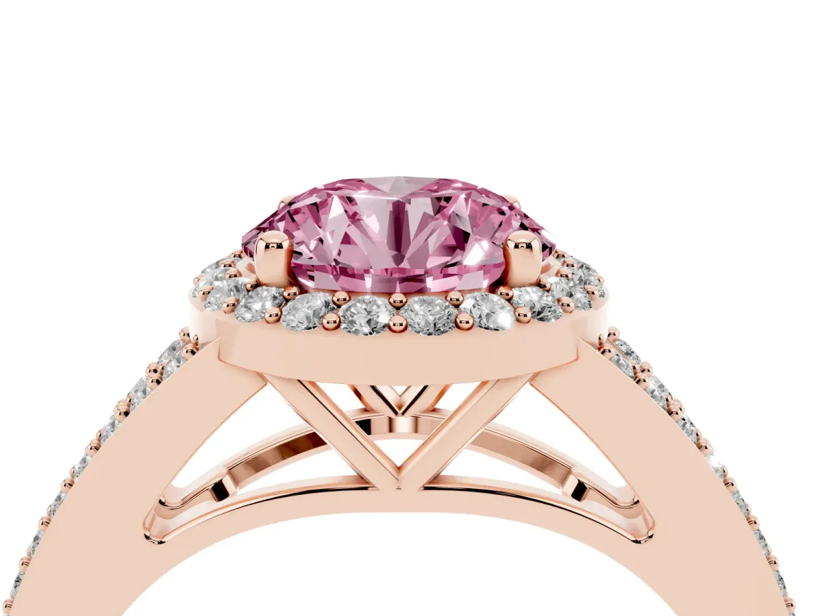 Fancy Pink Round Cut Halo Split Shank Pave Diamond Ring with Four-Prong Setting Rose gold