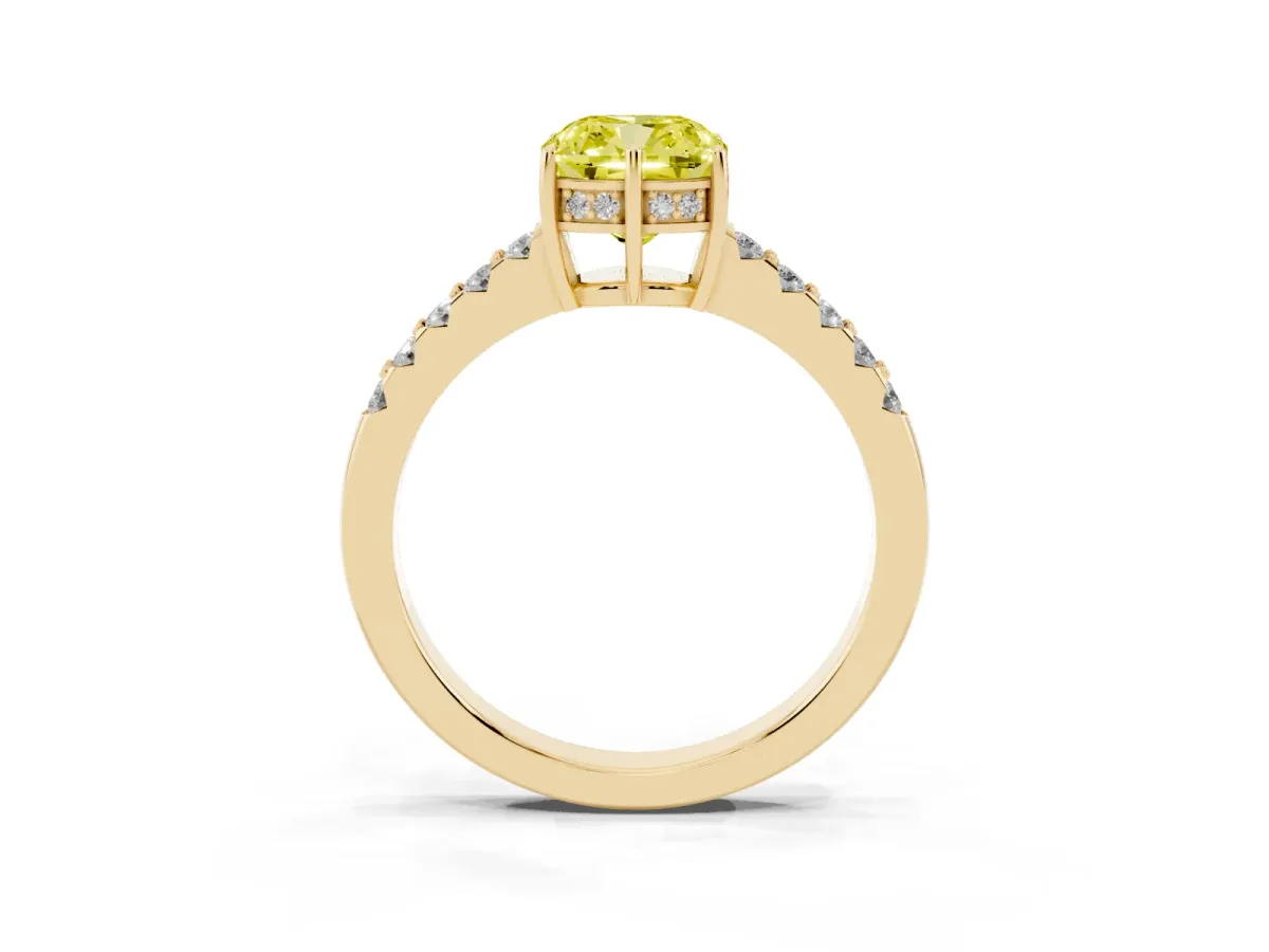 Fancy Yellow Cushion Cut Solitaire Diamond Engagement Ring with Pavé Band and Six-Prong Setting Yellow gold