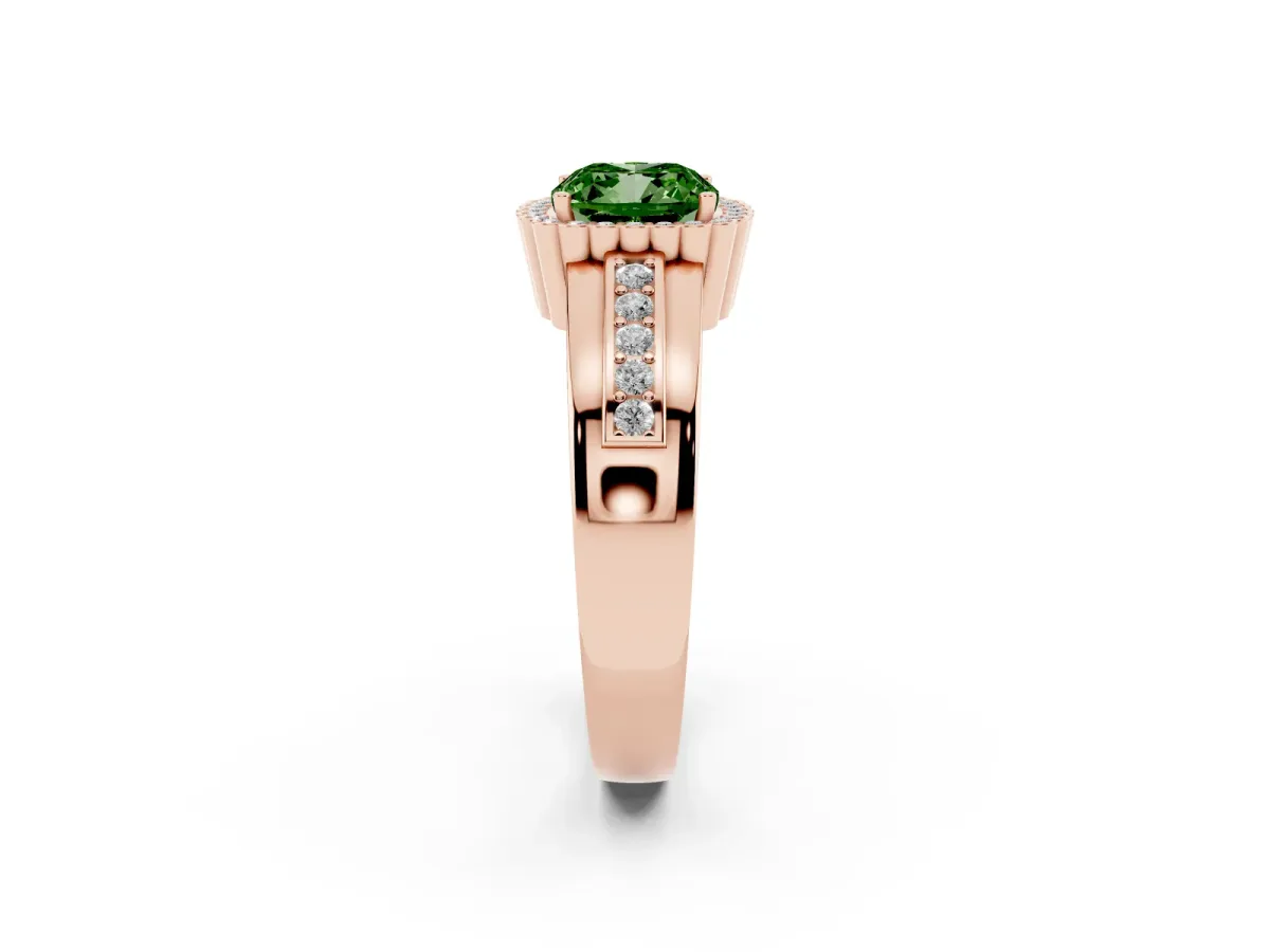 Fancy Green Cushion Cut Cut Halo Pave Band Four-Prong Ring Rose gold
