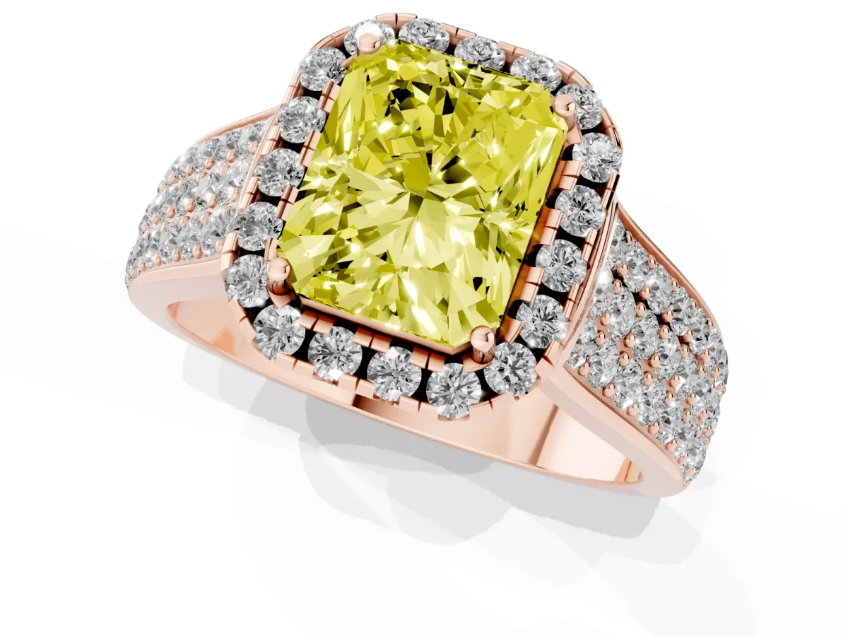Fancy Yellow Radiant Cut Halo Round Diamond Pave Band with Prong Setting Rose gold
