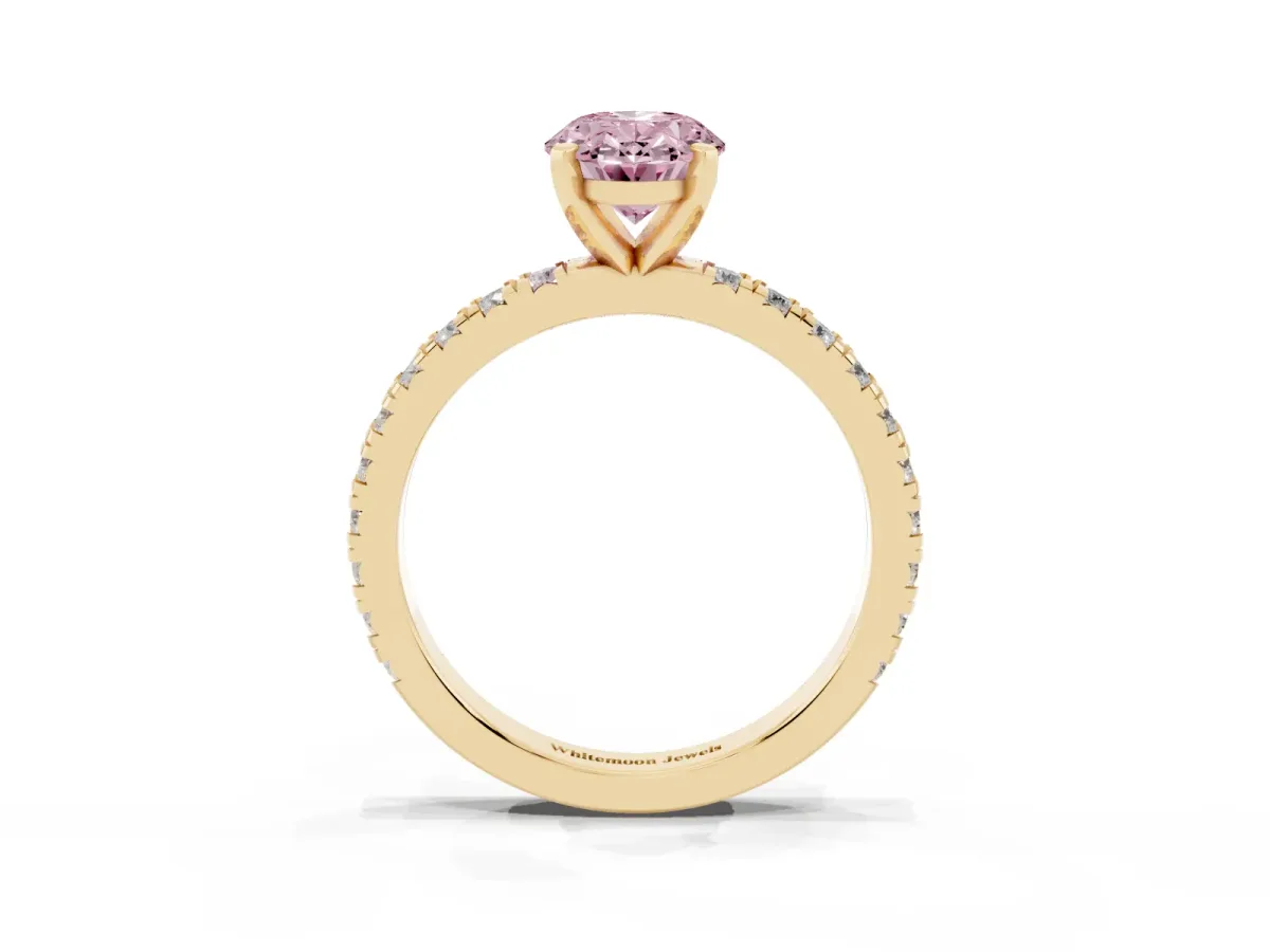 Fancy Pink Oval Cut Diamond Pavé Band Solitaire with Four-Prong Setting Yellow gold