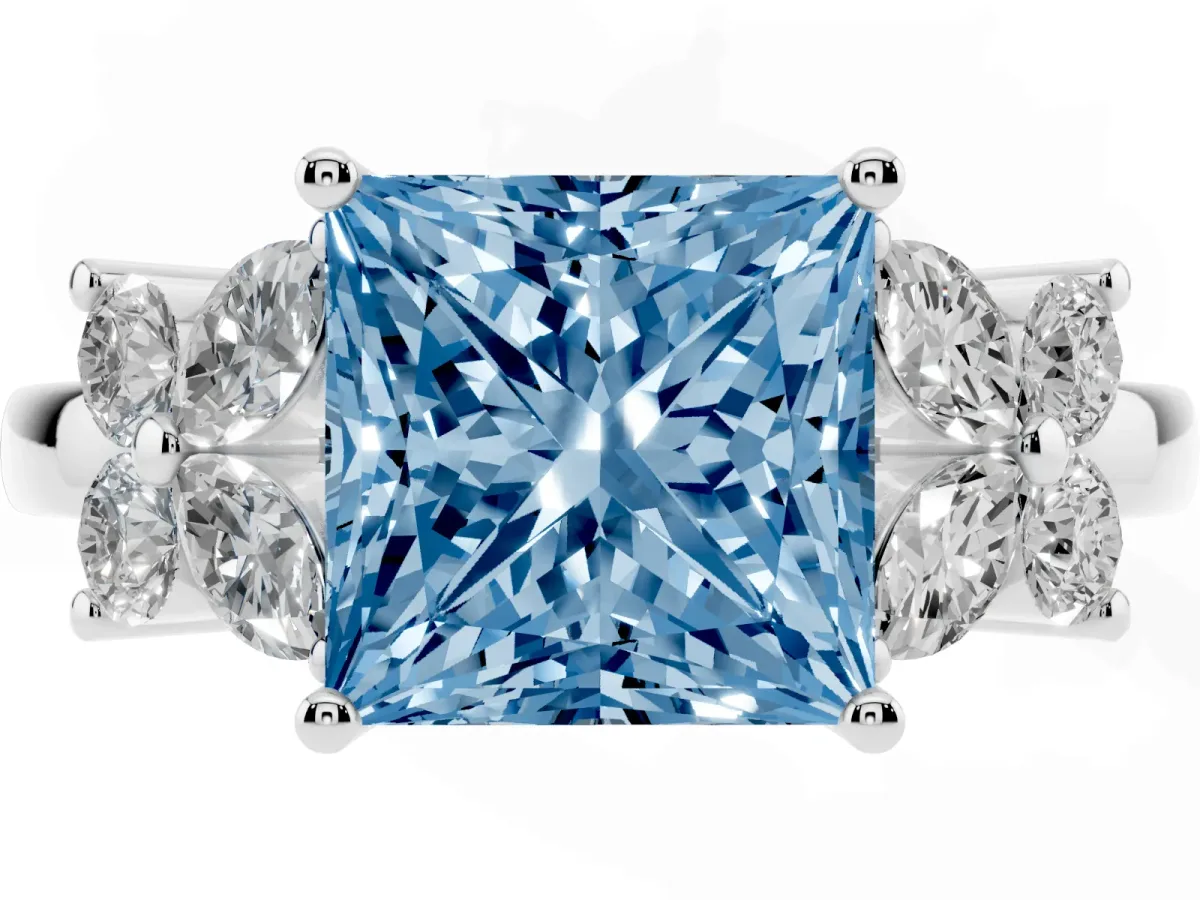 Fancy Blue Princess Cut Diamond Floral Cluster Ring with Solitaire Band and Prong Setting White gold
