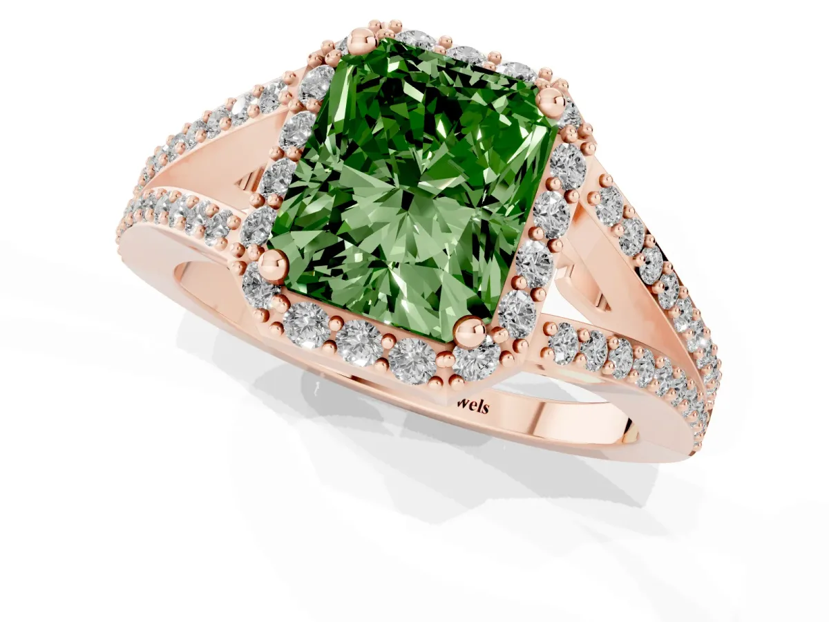 Fancy Green Radiant Cut Halo Split Shank Diamond Ring with Prong Setting Rose gold