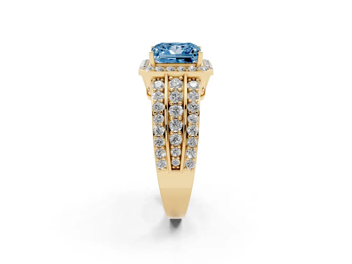 Fancy Blue Princess Cut Halo Diamond Ring with Round Split Shank and Prong Setting Yellow gold