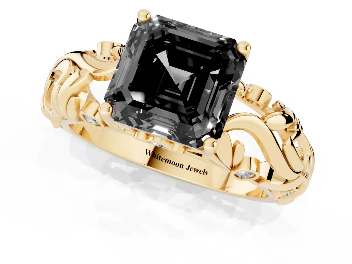 Fancy Black Asscher Cut Solitaire Diamond Leaf-Inspired Vine Band Ring with Prong Setting Yellow gold