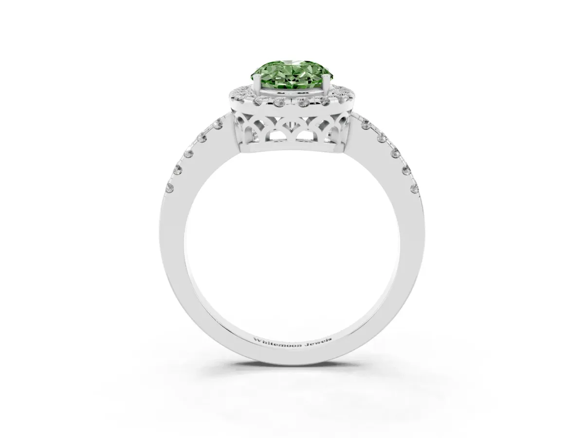 Fancy Green Oval Cut Halo Diamond Engagement Ring with Pavé Band and Four-Prong Setting White gold