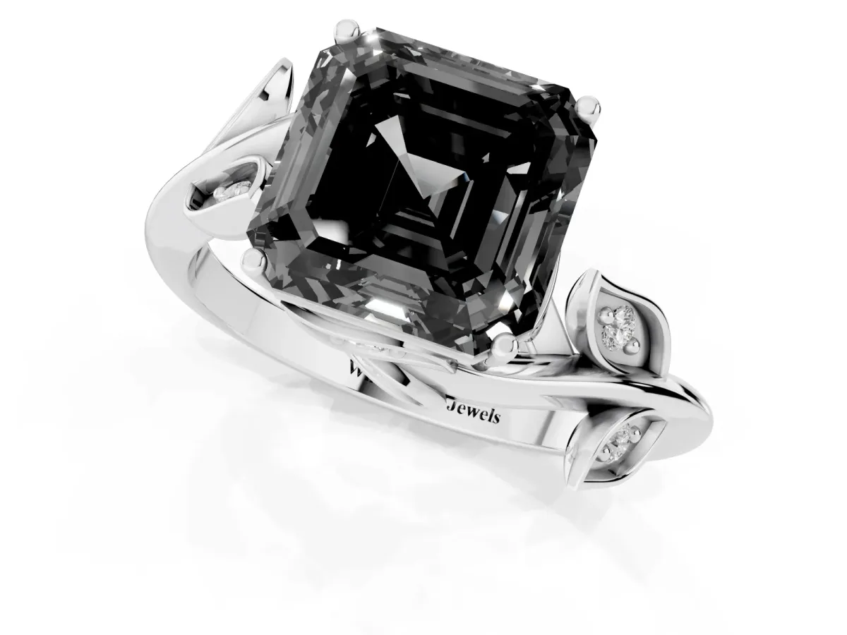 Fancy Black Asscher Cut Solitaire Twist Engagement Ring with Leaf Accents and Prong Setting White gold