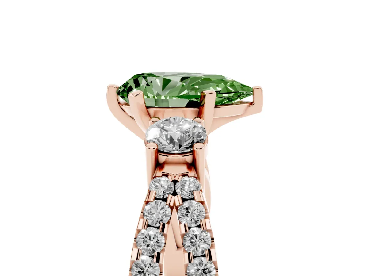 Fancy Green Pear Cut Diamond Three-Stone Ring with Pavé Split Shank and Four-Prong Setting Rose gold