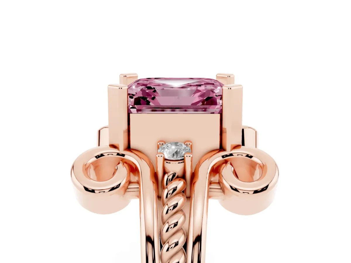 Fancy Pink Asscher Cut Solitaire Twisted Band Scroll Prong Ring Rose gold