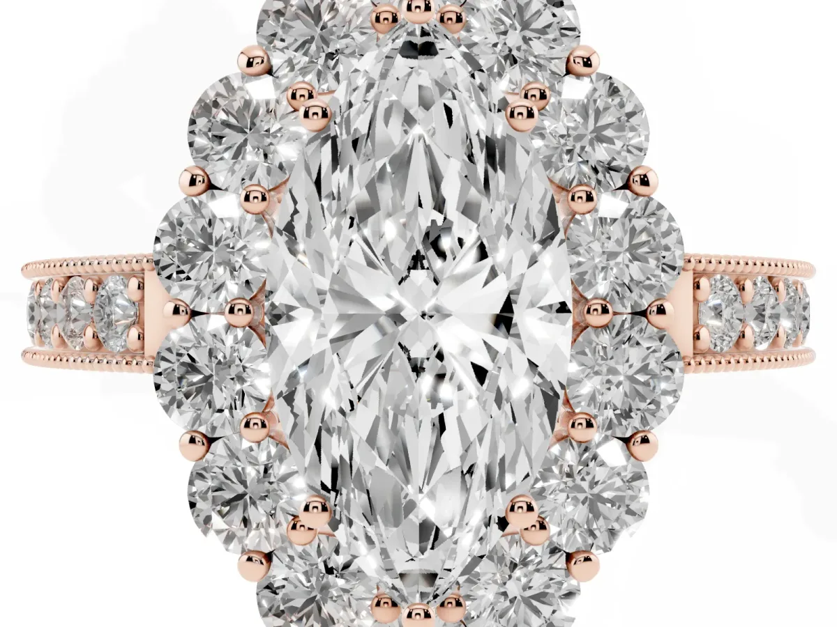 Marquise Cut Cut Halo Diamond Pavé Engagement Ring with Milgrain Detailing Rose gold