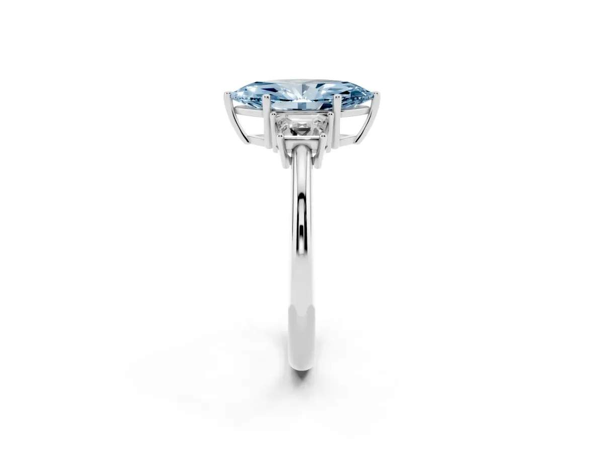 Fancy Blue Marquise Cut Diamond Three-Stone Ring with Trapezoid Side Stones and Prong Setting Silver