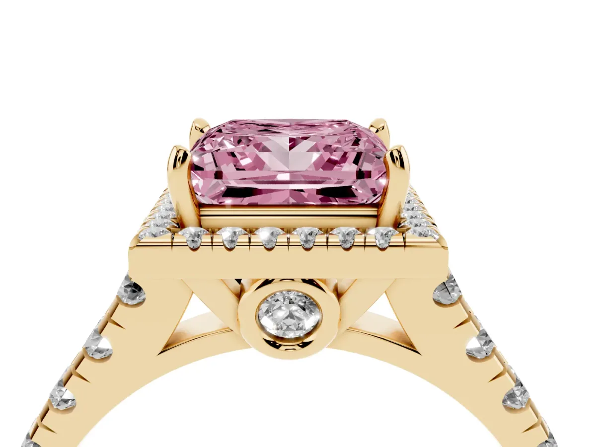 Fancy Pink Princess Cut Halo Pavé Diamond Engagement Ring with Four-Prong Setting Yellow gold