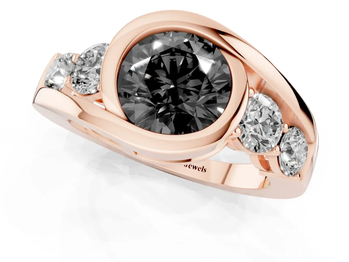 Fancy Black Bezel Set Round Cut Diamond Bypass Ring with Round Accents Rose gold