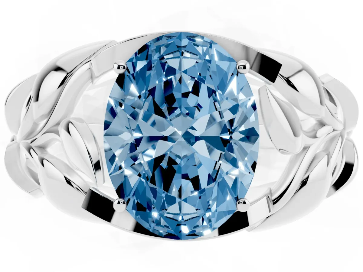 Fancy Blue Oval Cut Diamond Leaf-Inspired Engagement Ring with Round Accents and Prong Setting Silver