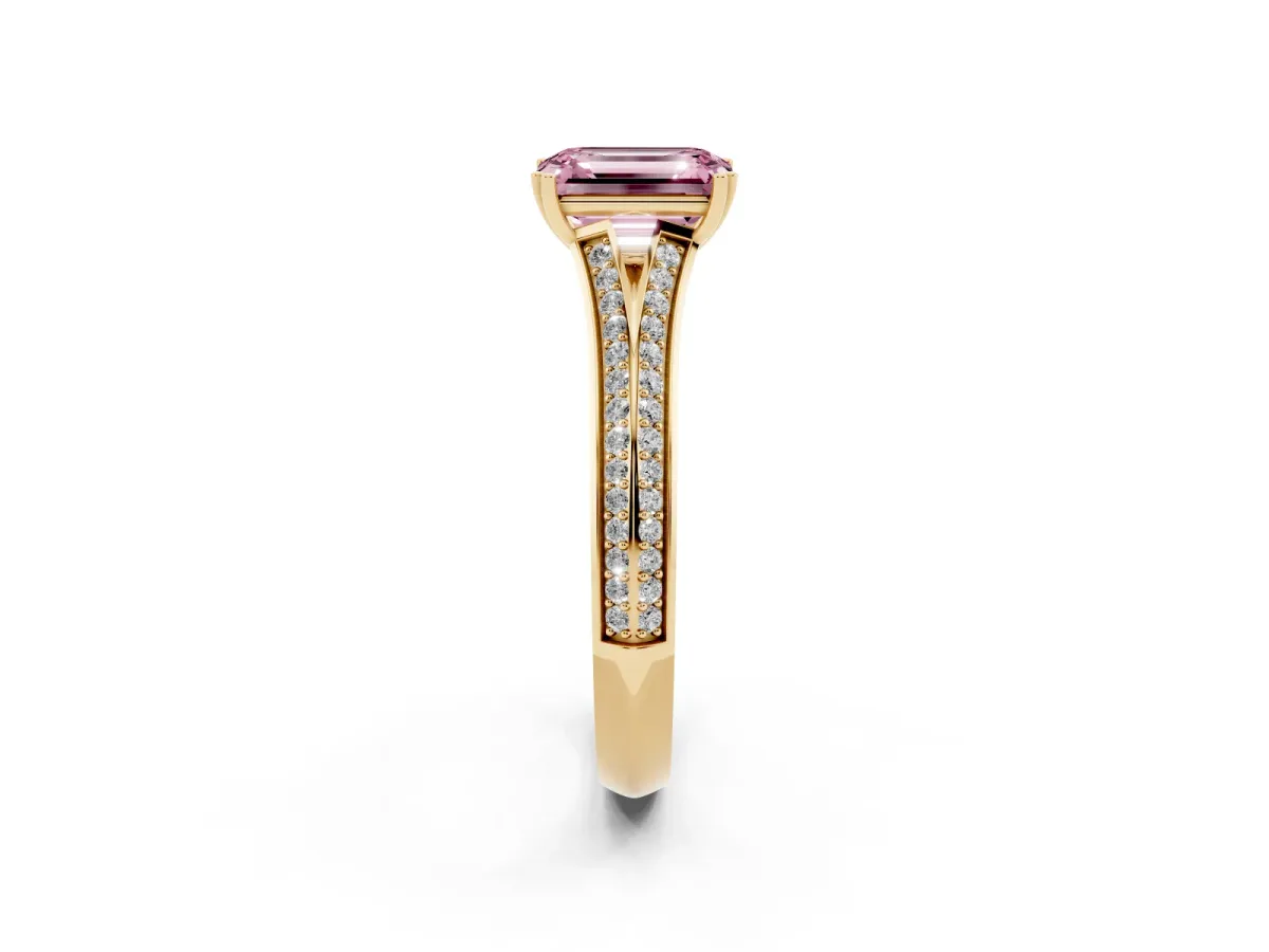 Fancy Pink Emerald Cut Diamond Split Shank Engagement Ring with Pavé Band Yellow gold