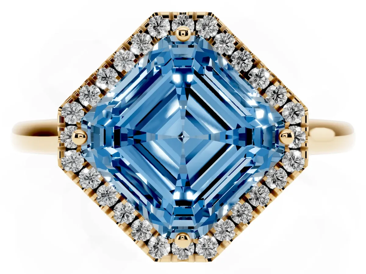 Fancy Blue Asscher Cut Halo Round Diamond Solitaire Engagement Ring with Pave Band and Four-Prong Setting Yellow gold