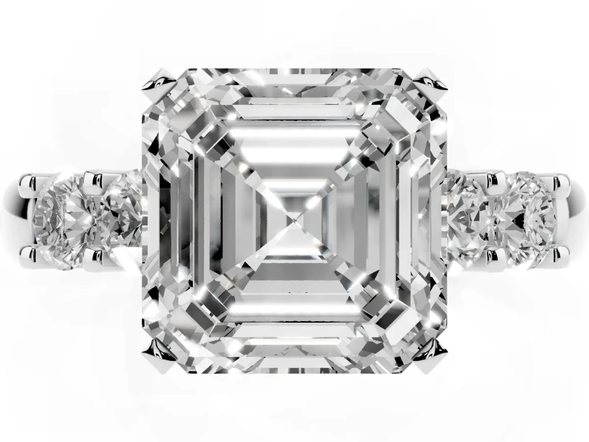 Asscher Cut Brilliant Cut Diamond Five-Stone Prong Set Engagement Ring with Channel Band Silver