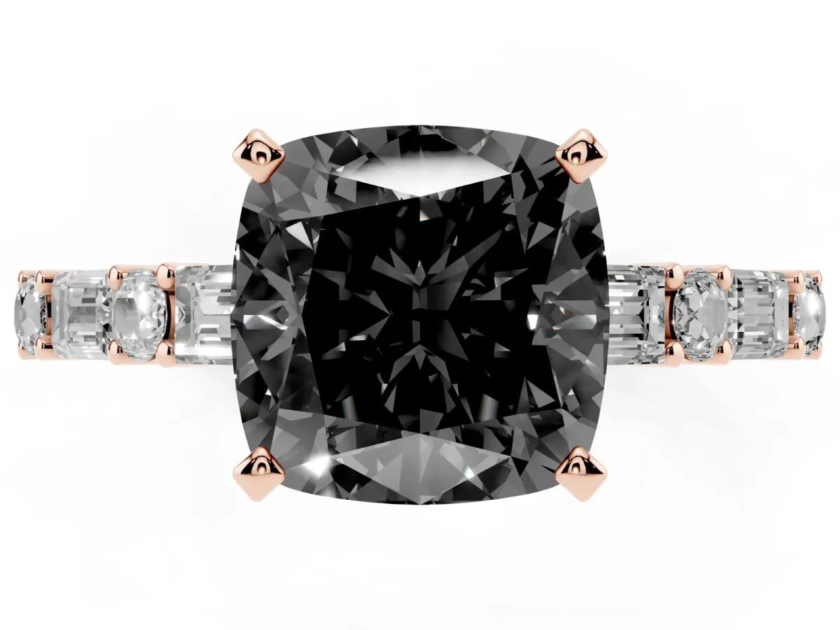 Fancy Black Cushion Cut Diamond Solitaire with Side Baguettes and Channel Set Band Rose gold