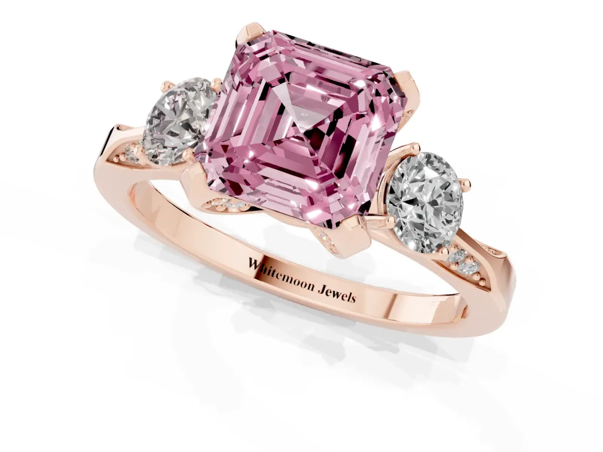 Fancy Pink Asscher Cut Brilliant Three-Stone Diamond Ring with Pavé Band and Four-Prong Setting Rose gold