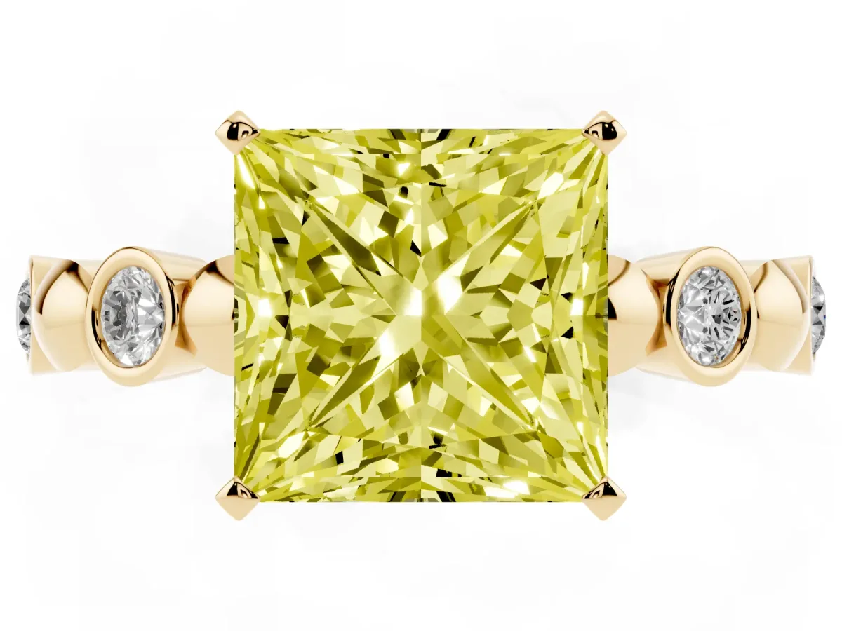 Fancy Yellow Princess Cut Solitaire Bezel-Set Diamond Ring with Beaded Band and Four-Prong Setting Yellow gold
